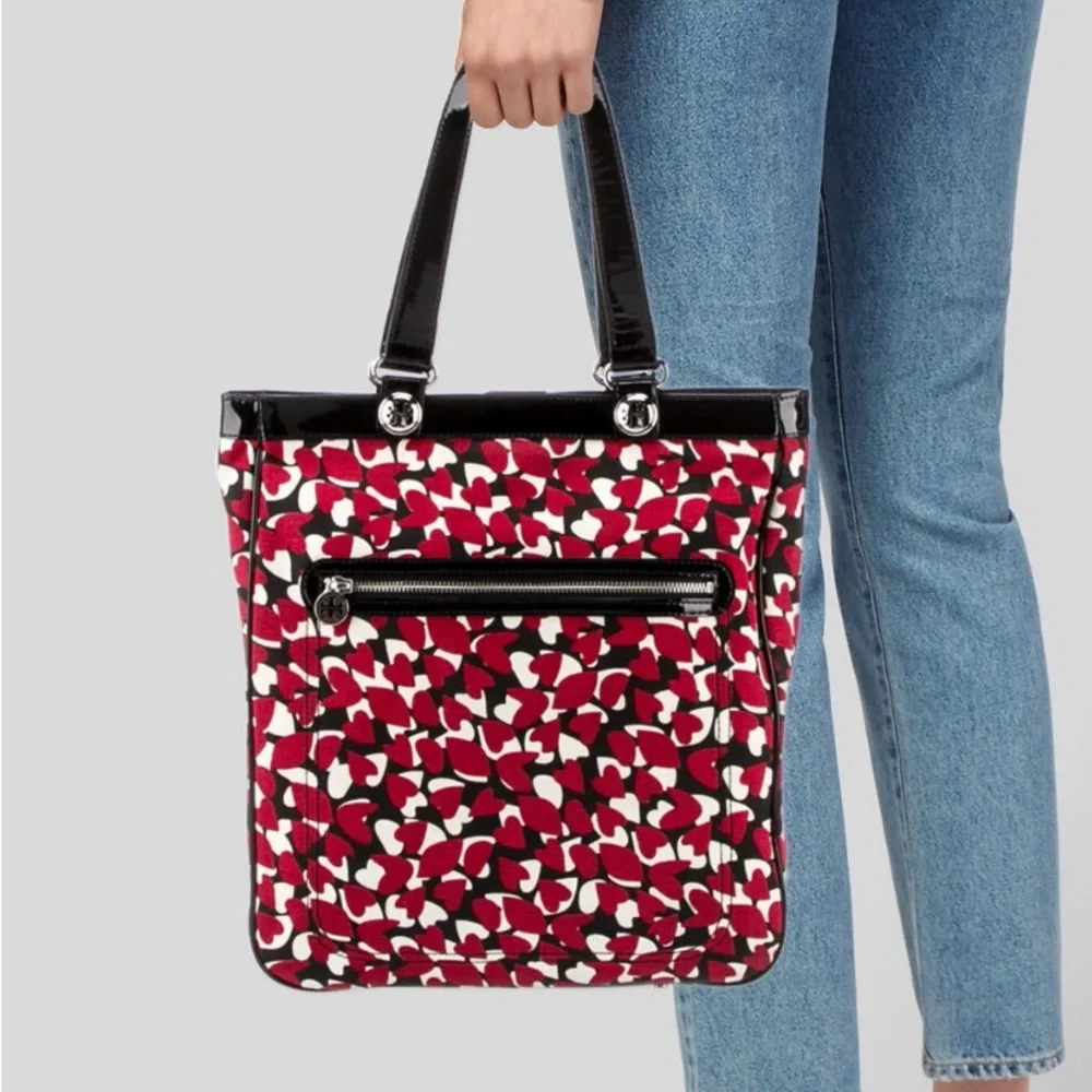 Tory Burch Red Hearts Canvas with Black Patent Leather Tote Shopper EUC
